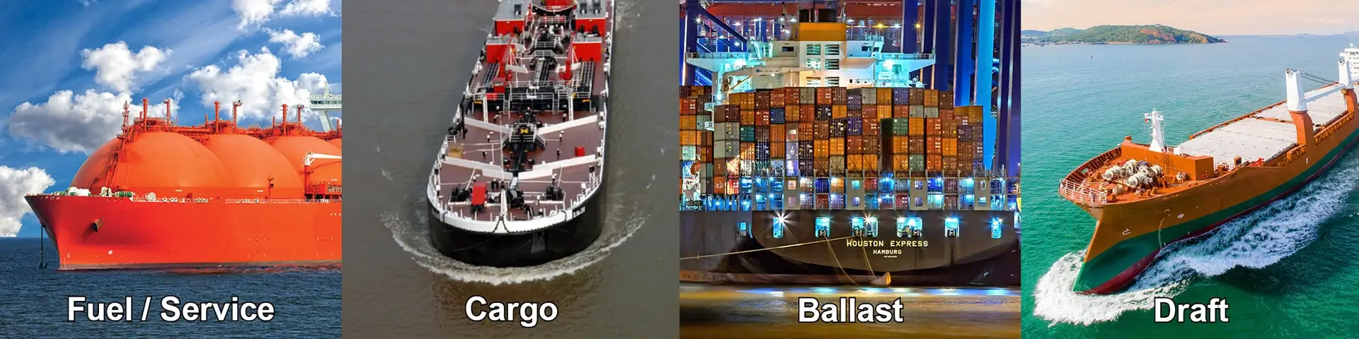 images of four cargo ships with fuel/service cargo, ballast, and draft titles underneath